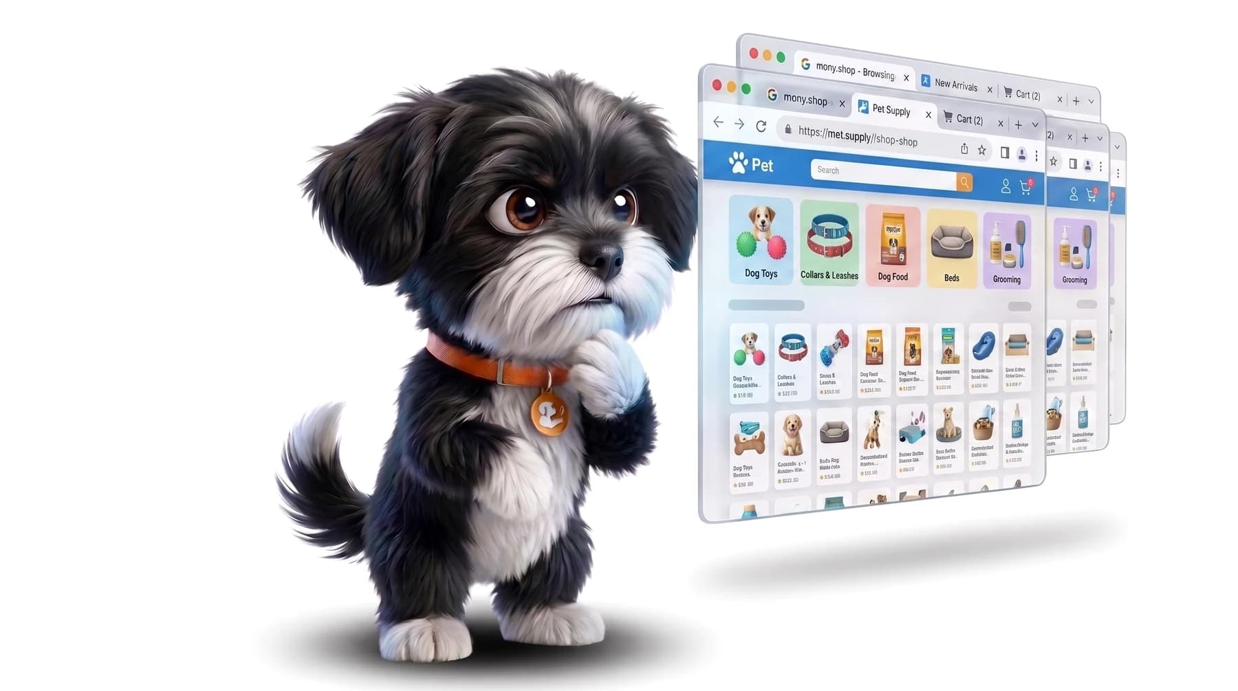 Alfie, the Huntli mascot, studying a cluttered stack of browser windows full of shopping tabs