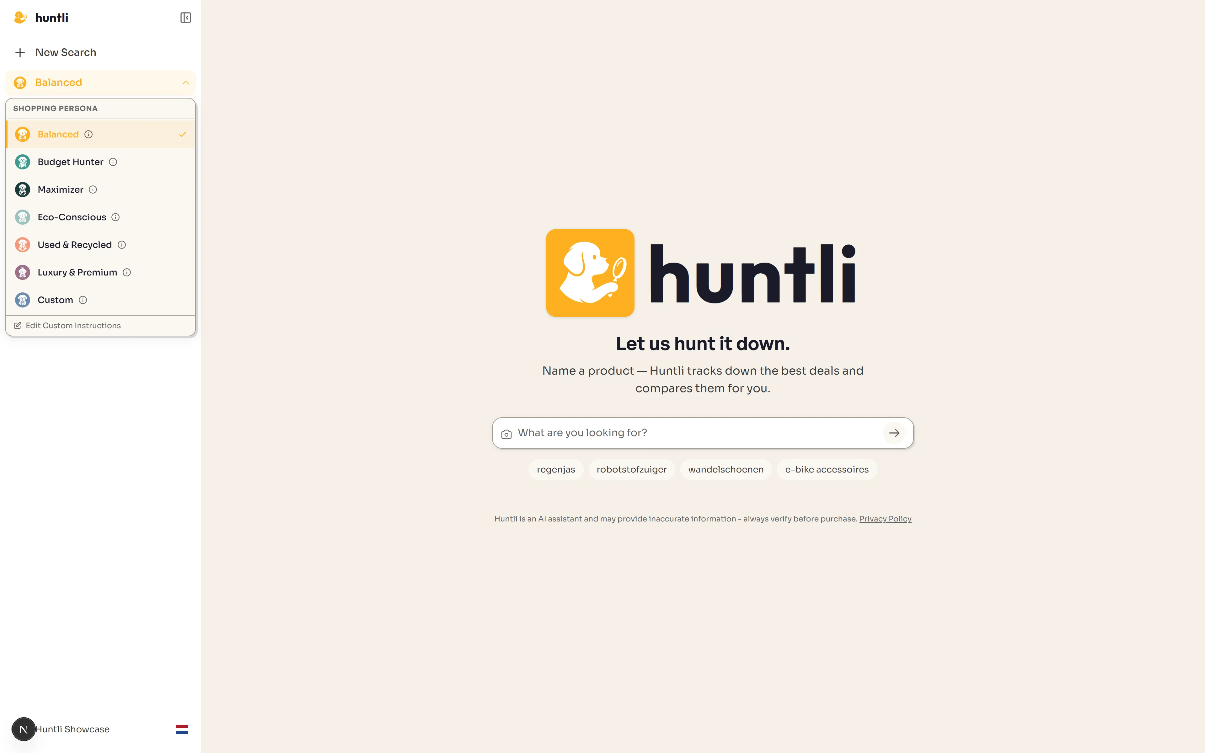 Huntli persona picker with Balanced, Budget Hunter, Maximizer, Eco-Conscious, Used & Recycled, Luxury & Premium, and Custom personas