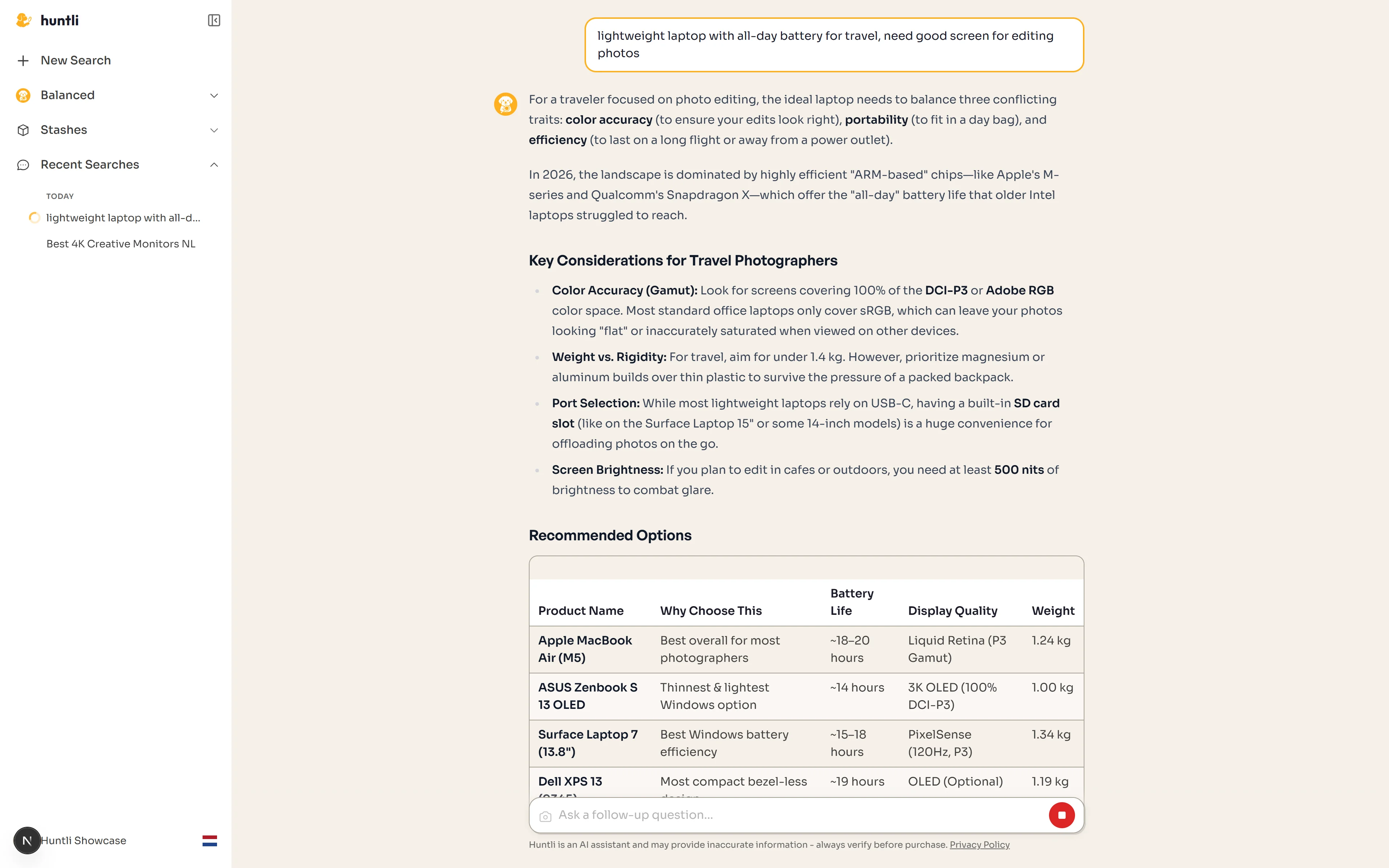 Huntli search results with buying advice and a table of recommended products