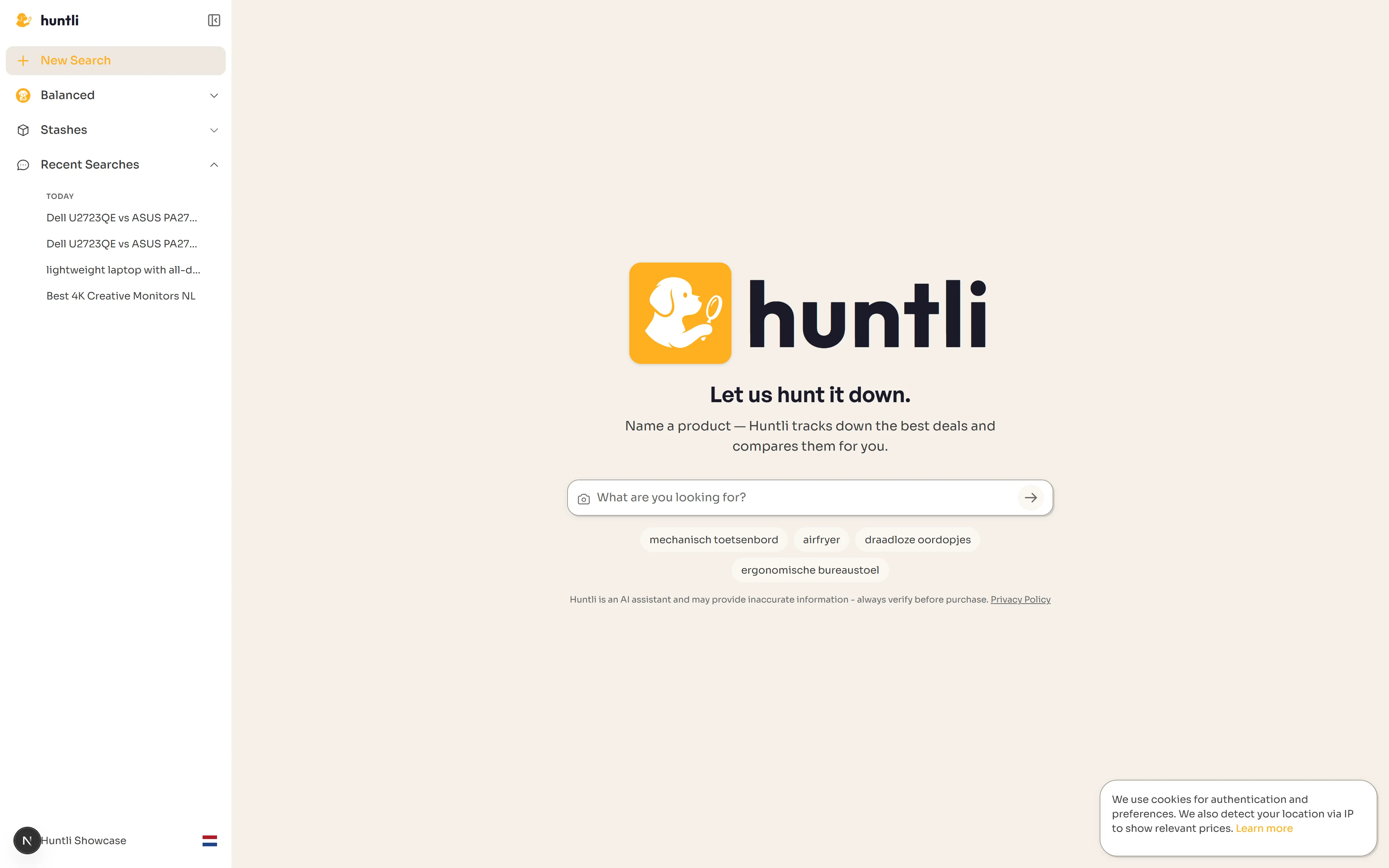 Huntli search screen with a natural-language search bar and suggestion pills