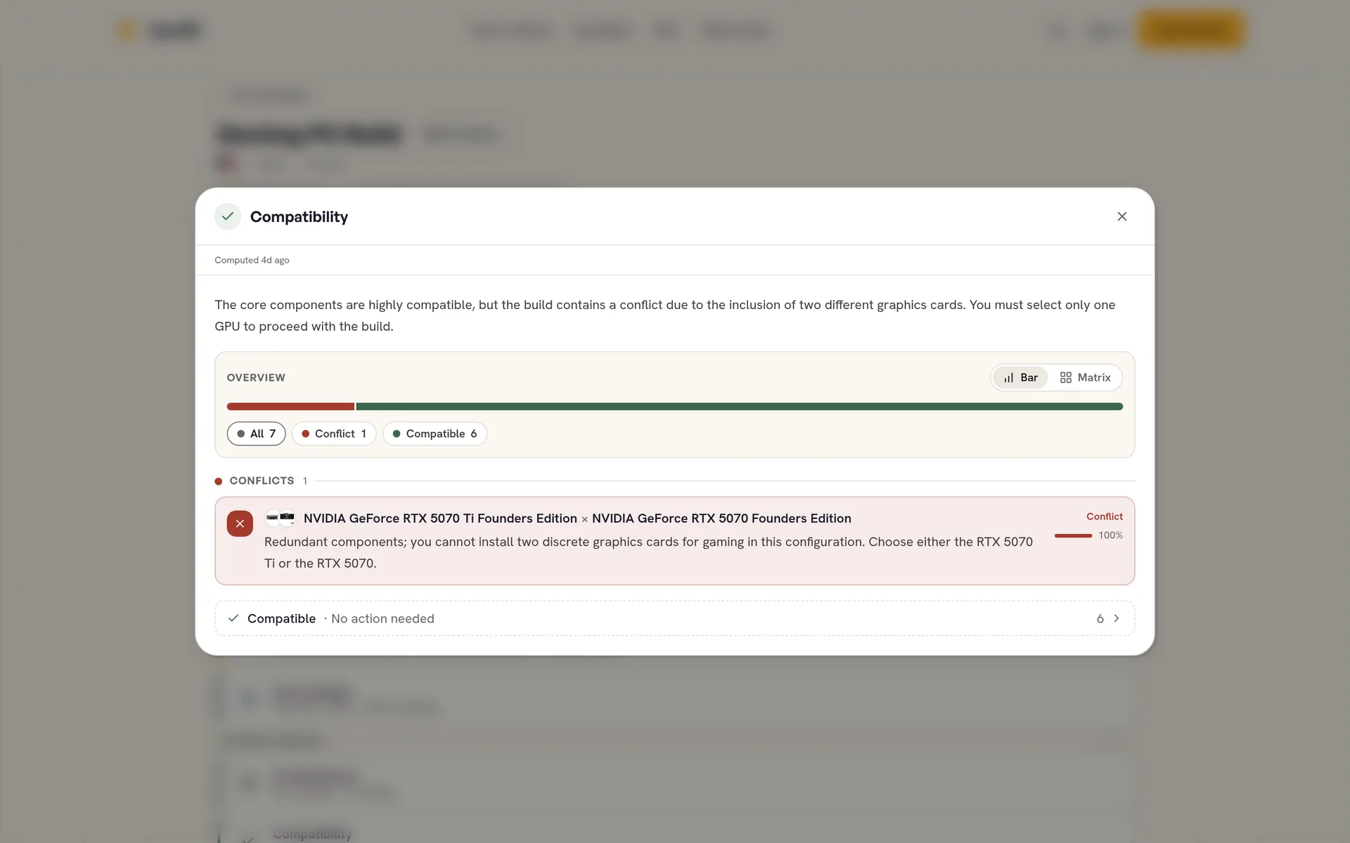 Huntli's compatibility check flagging two graphics cards in one build