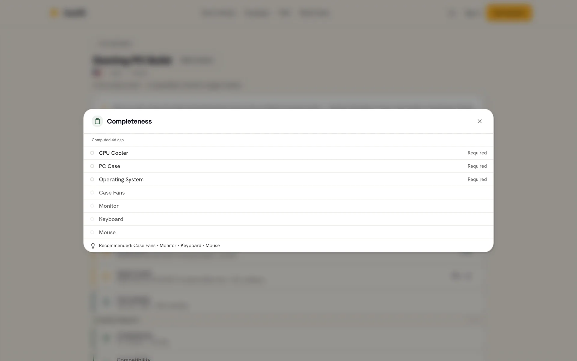 Huntli's completeness check listing the missing cooler, case, and operating system
