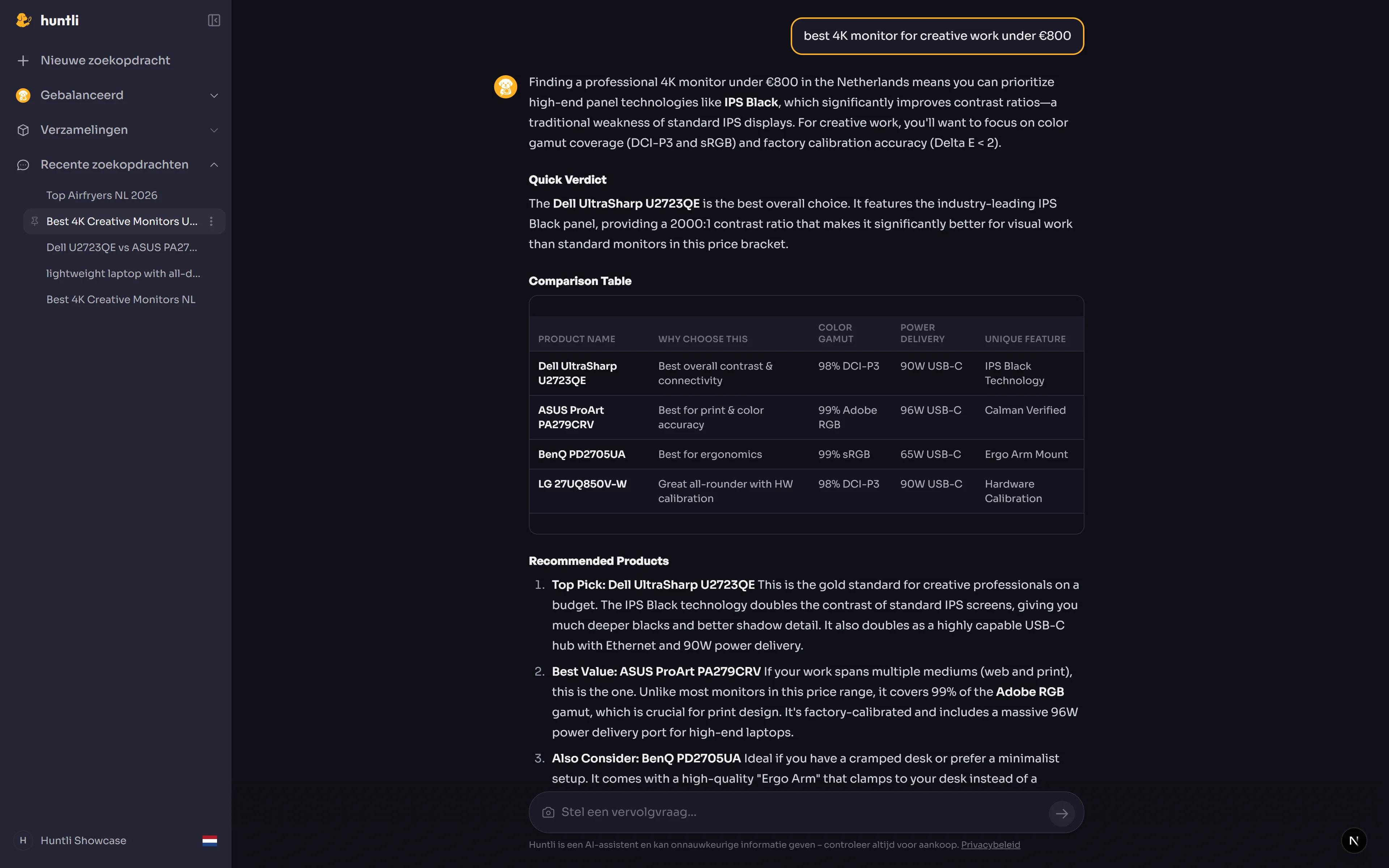 Huntli search results in dark mode showing product cards with scores and prices