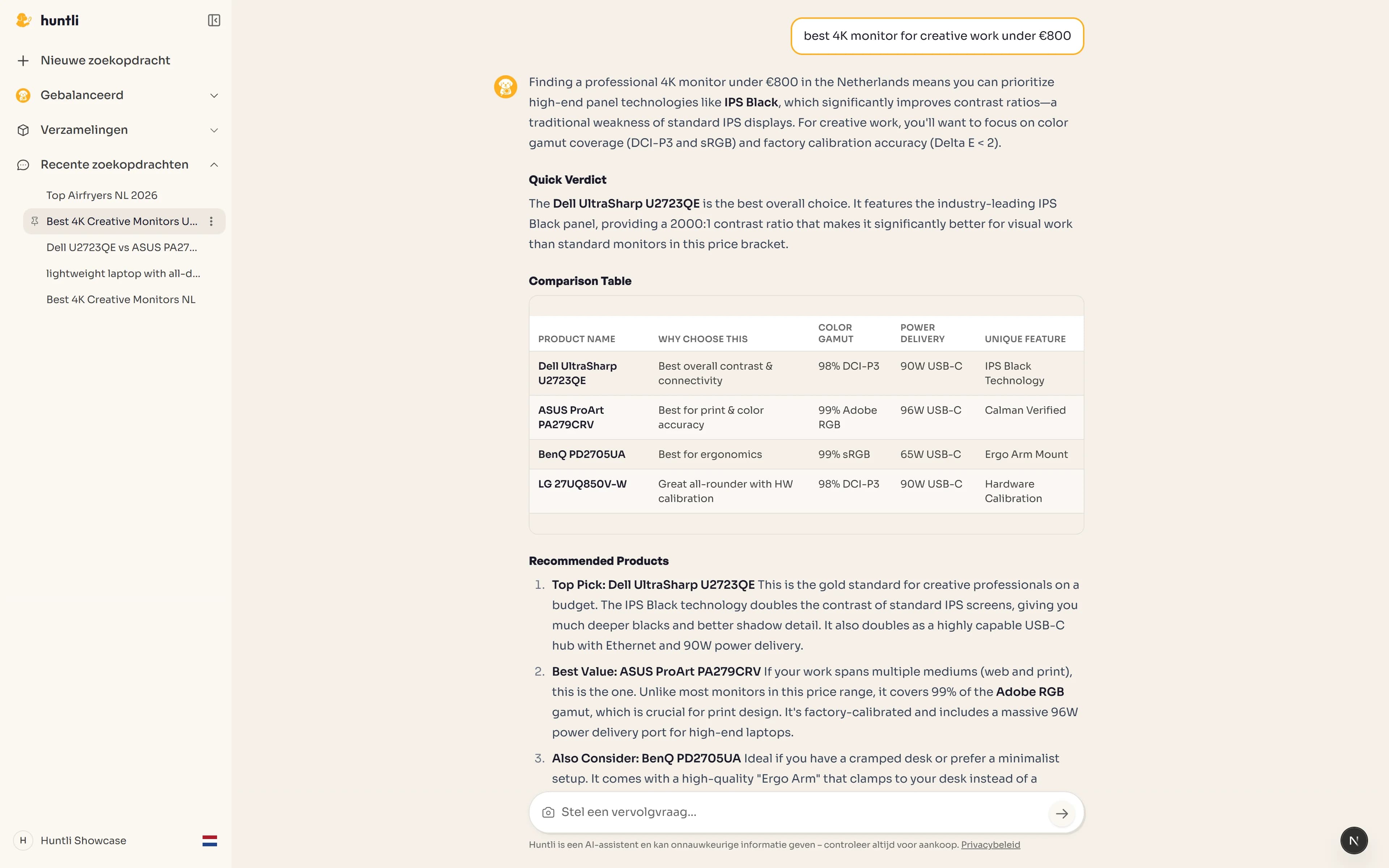 Huntli search results showing product cards with scores and prices