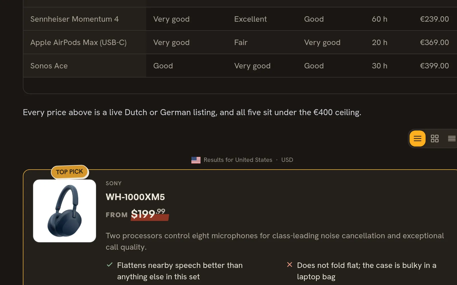 A Huntli answer: the buying advice above a ranked list of products, each with a score and a price.