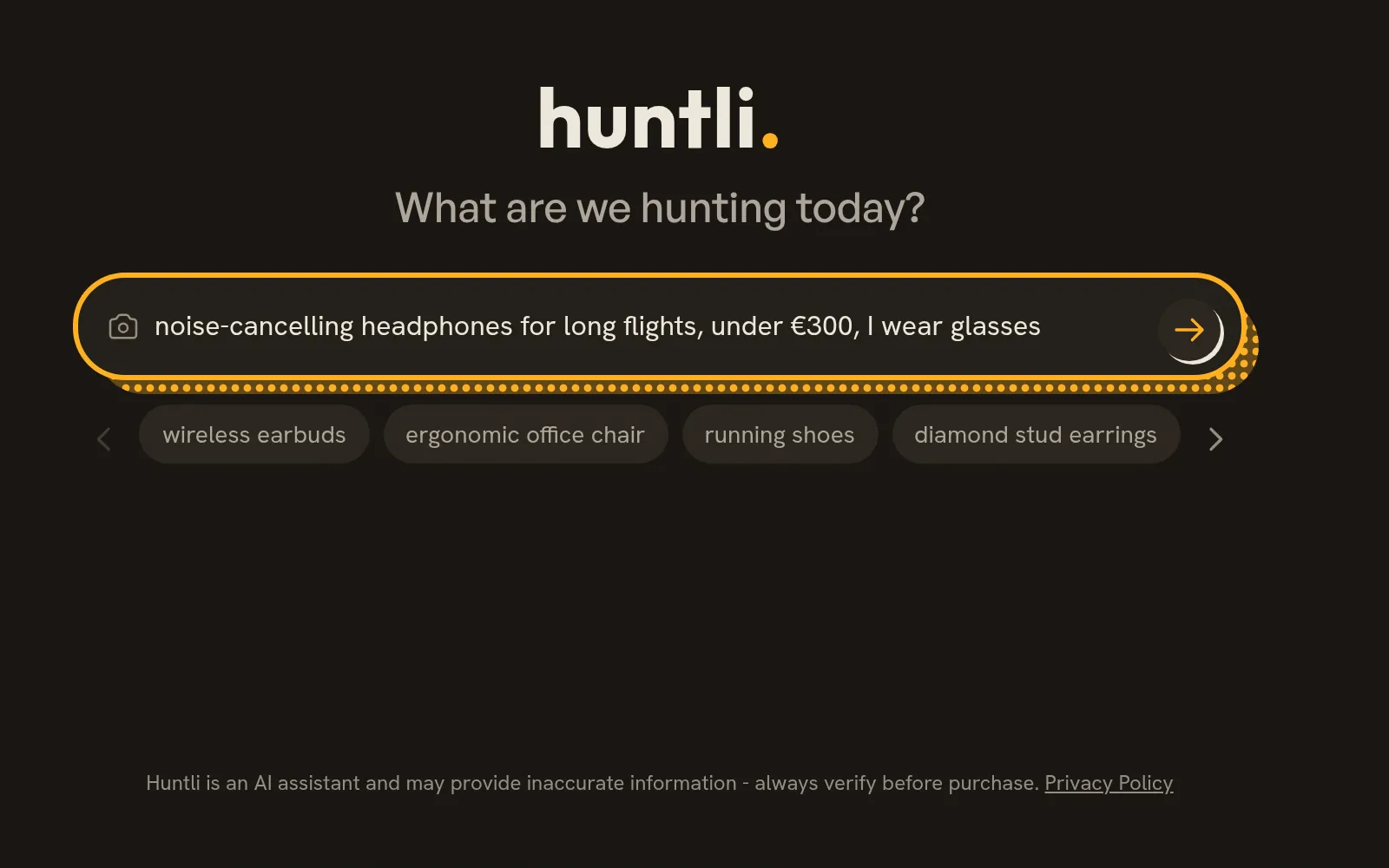 The Huntli search bar with a request typed in, the photo button beside it, and suggestions underneath.