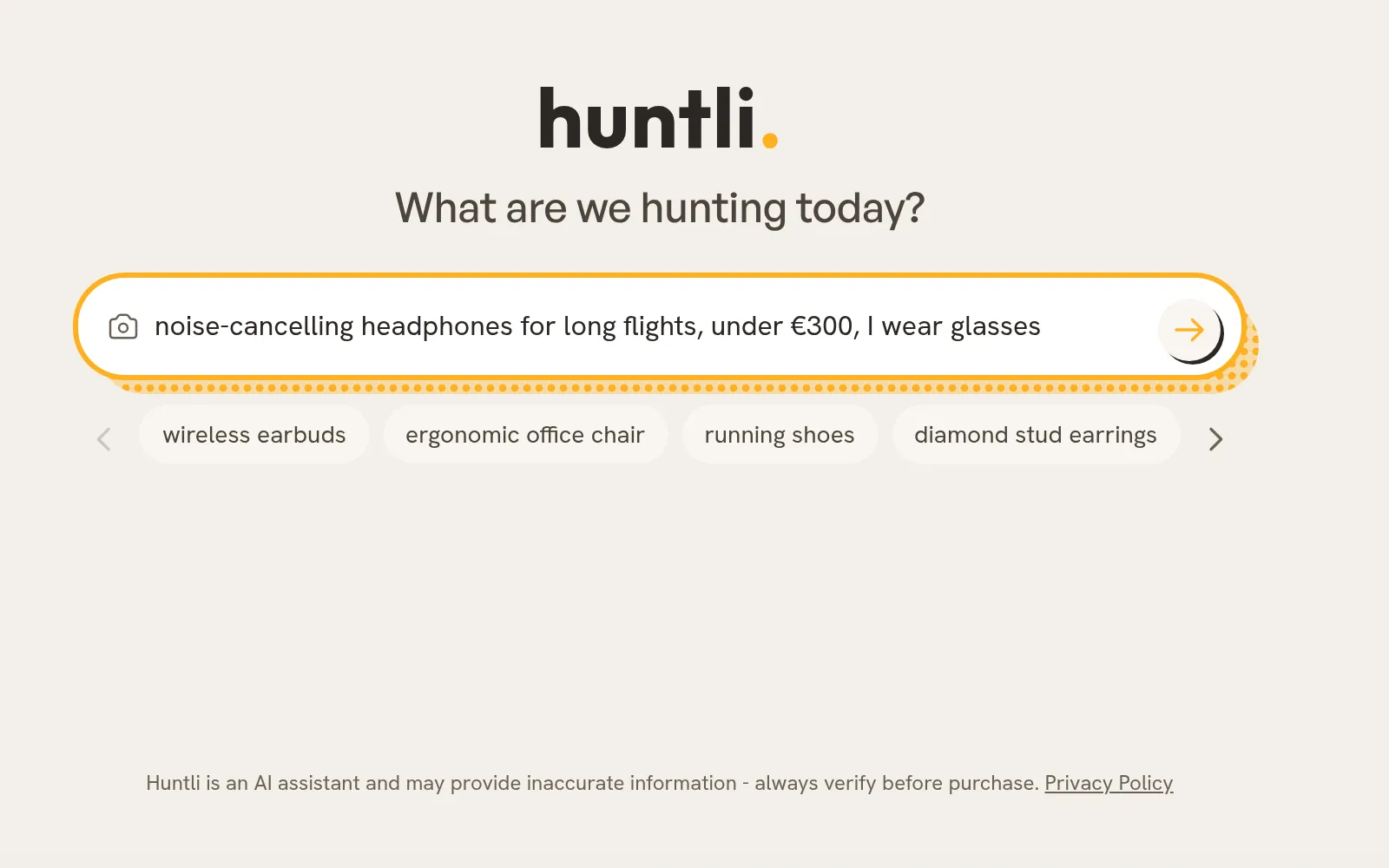 The Huntli search bar with a request typed in, the photo button beside it, and suggestions underneath.