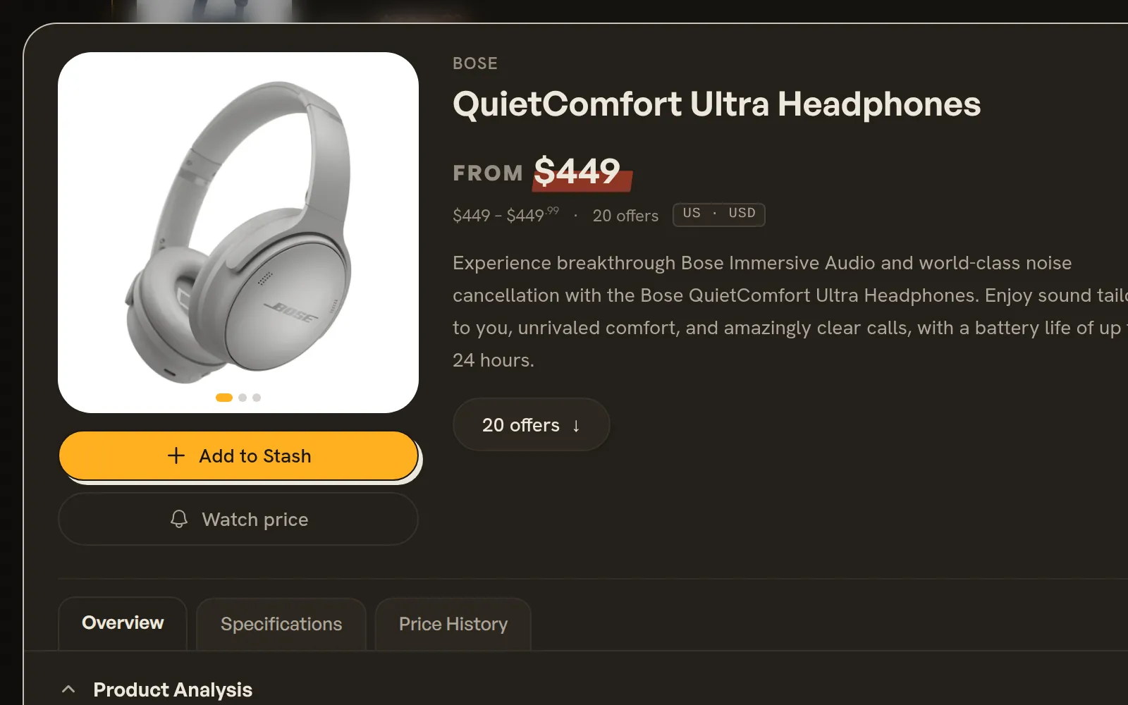 A product opened in Huntli: its photo, score and the list of verified sellers with their prices.