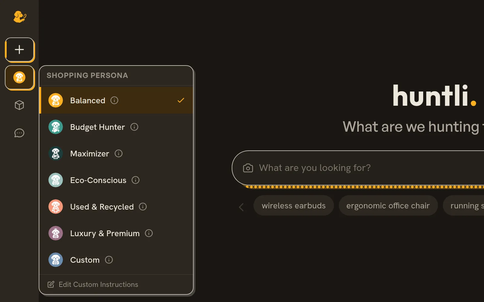 The persona picker open, listing the built-in shopping personas and a custom one.