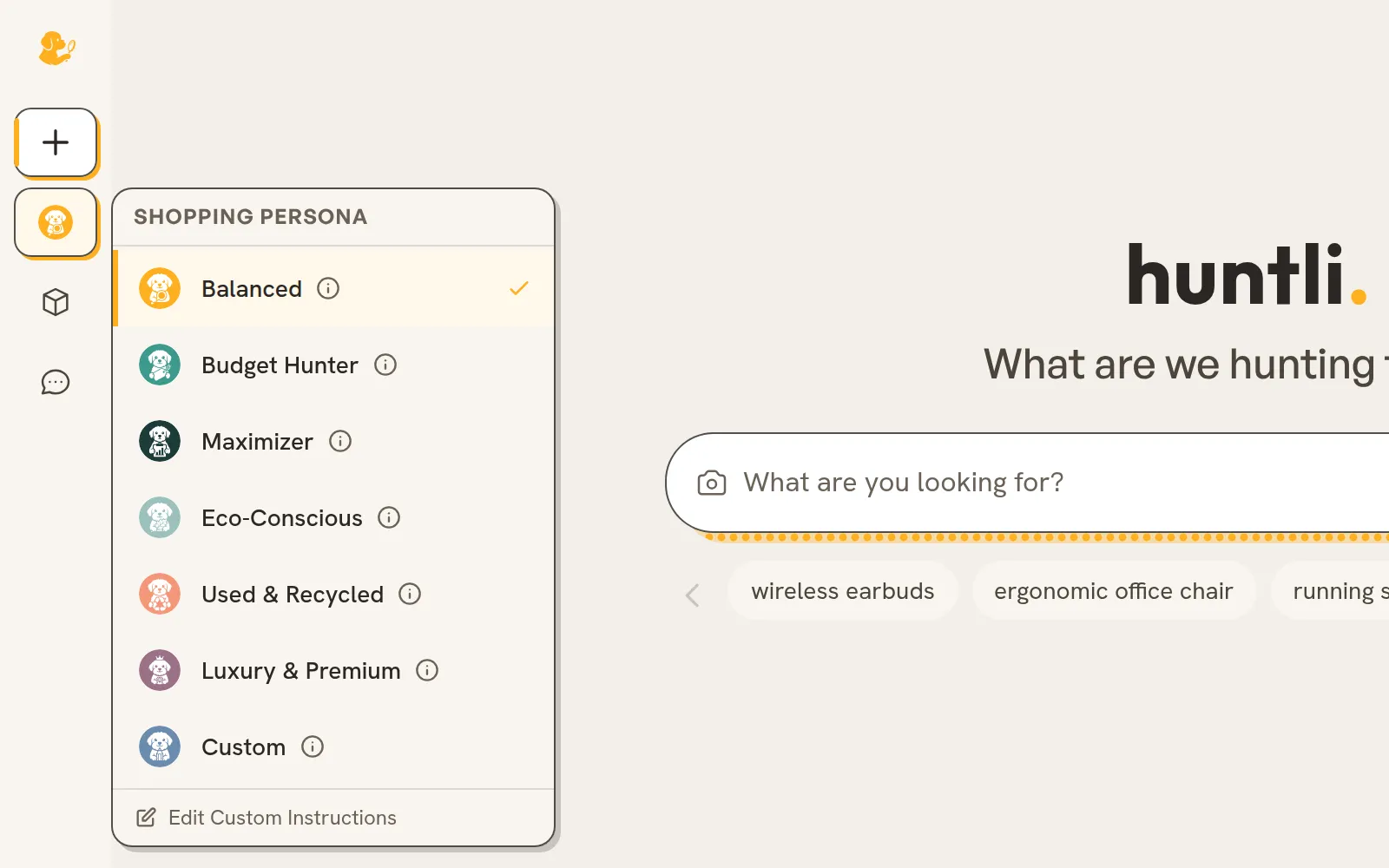 The persona picker open, listing the built-in shopping personas and a custom one.