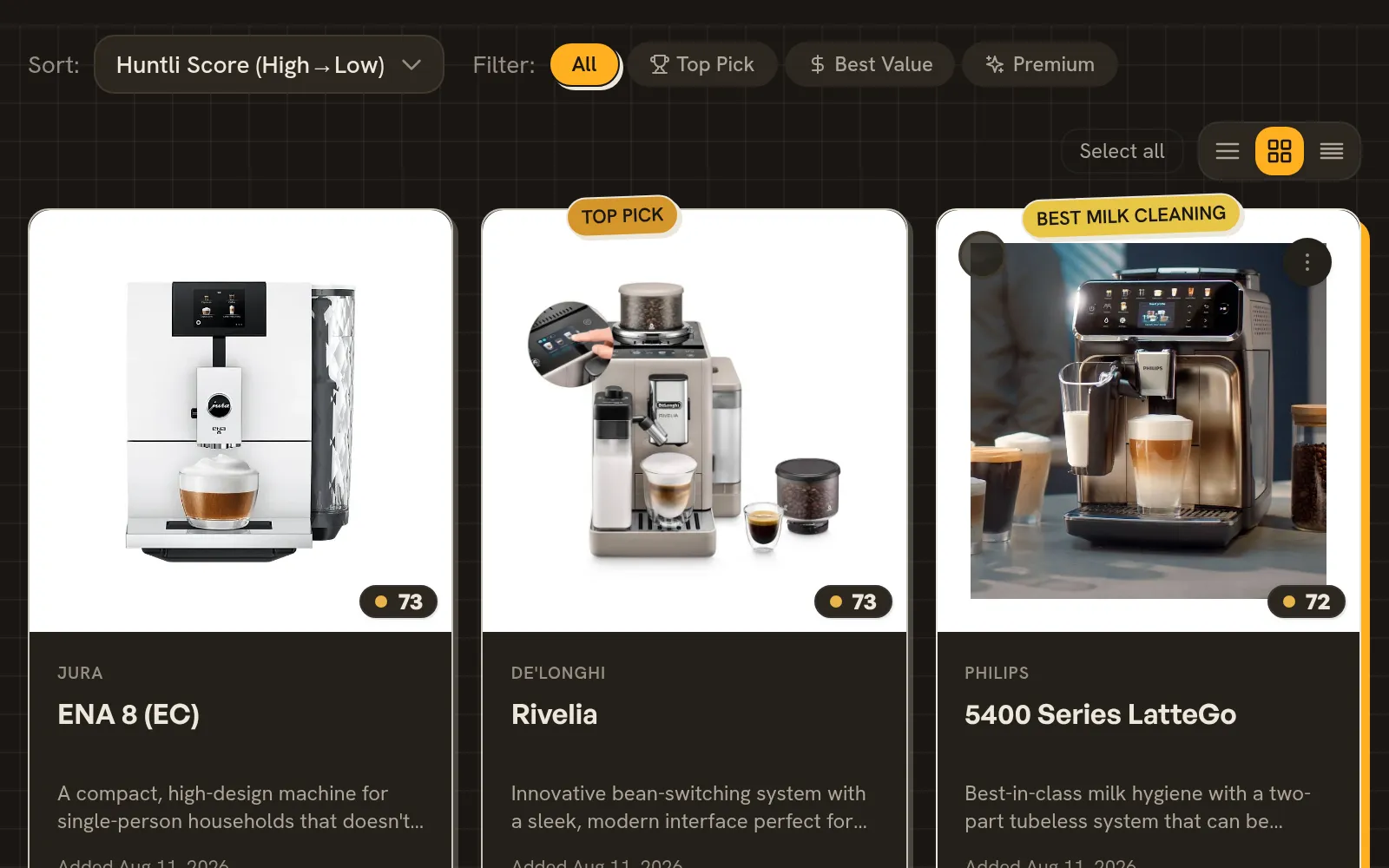 A Stash in Huntli: the saved products side by side, with their scores and prices.